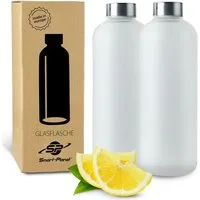 Smart-Planet Trinkflasche 2er SET Trinkflasche Glas 1L Glasflasche Milchglas Borosilikat, Borosilikatglas, Spülmaschinenfest