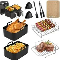 Refined Living Backform Airfryer Zubehör, Heißluftfritteuse Zubehör Set,Silikonformen,BPA-frei, (Heißluftfritteuse Zubehör Set 9-teilig, 100 Blatt Fettfreies BackpapierEdelstahl Rack, Spieße, Fritteusen Set, Dual-Zone Heißluftfritteuse Zubehör, Ideal