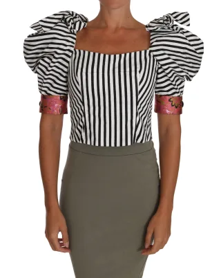 Dolce & Gabbana Women's White Black Striped Cropped Top Puff Sleeve Shirts