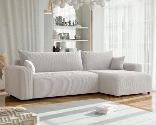 Ecksofa mit Schlaffunktion LUNA MAX in Stoff Poso Altweiß Ottomane Rechts