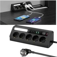 QUBEBU Steckdose 5fach Steckdosenleiste mit 2x USB-C 2x USB-A, 1,8 m Verlängerungskabel, 9-IN-1 Mehrfachsteckdose, Steckdosenleiste für Zuhause,Büro, 1-St., Verteilersteckdose mit Schalter, 2500W Steckdosenwürfel mit LED, Ecksteckdose Tischsteckdose 