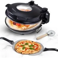 Heidenfeld Pizzaofen elektrischer Holzofen Napoli 1200W, bis 400°C, Sichtfenster aus Glas, Überhitzungsschutz, Pizzastein, Pizzaschneider