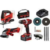 Einhell Elektrowerkzeug-Set TE-TK 18/3 Li Kit (JS+CD+AG), Set, 13-tlg., Akku-Bohrschrauber, -Winkelschleifer und -Stichsäge, Tasche