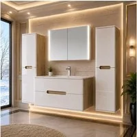 Homeline Badmöbel-Set Sky Badmoebel Set Schwarz Weiß Eiche Hochschglanz Spiegelschrank, (Spar Set, 5-St., Bad Möbel set besteht aus 5 Teilen), Spiegelschrank, Hochglanz