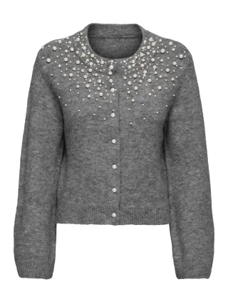 ONLY - ONLMIGGIE LS O-NECK PEARL CARDI KNT NOOS Medium Grey Melange - Gr. - XS