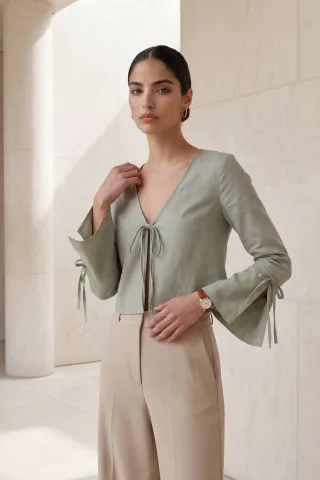 Hemd aus Leinen mit V-Ausschnitt und Crop-Tie-Detail