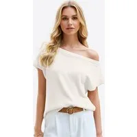 Imily Bela Stricktop Damen One-Shoulder Schulterfrei Kurzarm Rundhals Lässig Oberteil (Packung, 1-tlg., 1per-Pack) gehäkelt in Unifarbe