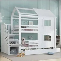 Merax Etagenbett 90x200cm mit Dach und Fenstern (1-St., Stockbett Jugendbett Doppelbett Hausbett), Kinderbett mit Treppenschrank, Ablagefächern & Aufbewahrungsschublade