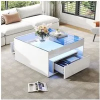 Merax Couchtisch hochglanz Sofatisch Beistelltisch mit LED-Beleuchtung (1-St., ideal für kleine Wohnzimmer), Wohnzimmertisch mit 2 Schubladen & gehärteter Glasplatte, 70x70x35cm