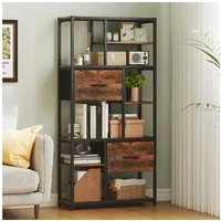 HOMCOM Standregal Bücherregal mit 2 Stoffschubladen, 9 offenen Fächern, Aufbewahrungsregal 1-tlg., für Büro, Wohnzimmer, Schlafzimmer, 72,5x30x150 cm, Rustikal-Braun