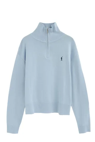 Pullover hellblau mit Zip-Kragen und Rigby Go Stickerei