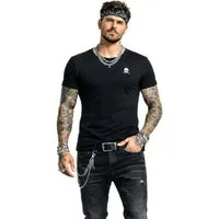 PHILIPP PLEIN T-Shirt Herren Shirt mit Totenkopf Stickerei Slim-Fit Zwei-Nadel-Saumabschlüssen, Totenkopf stickerei, Rippbündchen