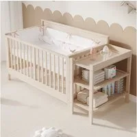 HAUSS SPOLE Babybett höhenverstellbar,Beistellbett mit Schutzzaun und Wickeltisch,Natur, umschaltbar zum Beistellbett