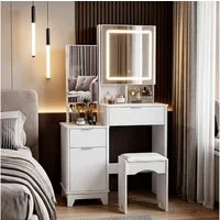 oyajia Schminktisch mit Spiegel und Hocker, 2 Schubladen, 80 x 36x 135cm (Kosmetiktisch mit LED-Beleuchtung und Schiebespiegel), 3 Lichtfarben,1 Seitenschrank, viel Stauraum, pflegeleicht