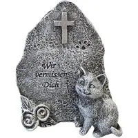 Logbuch-Verlag Dekofigur Gedenkstein Katze Grau „Wir vermissen Dich“ – Grabstein Tiergrab