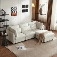Merax 3-Sitzer mit Hocker, XXL Sofa, aus Leinen mit 2 Kissen,Sofagarnitur,Loungesofa,modulare Couch
