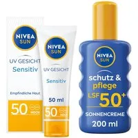 Nivea Sun Sonnenschutzpflege UV GESICHT Sensitiv Sonnenschutz LSF50 & Sonnenspray LSF50+, Set, Für empfindliche Haut, nicht fettend, unparfümiert.