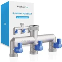 Bächlein 3-Wege Verteiler Bächlein Y-Verteiler mit Absperrhähnen - G 3/4" Wasserverteiler, deal für Gartenschlauch, Waschmaschine, Wassertank und mehr
