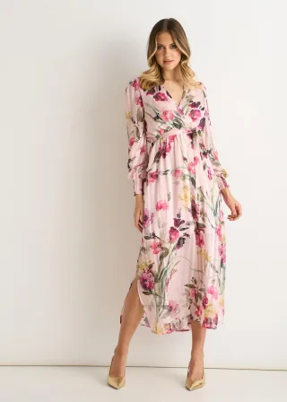 Rosa geblümtes Chiffon-Wickel-Midikleid mit Glitzer