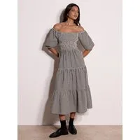 Apricot Midikleid Milchmädchen-Midaxi-Kleid in Karomuster mit eckigem Ausschnitt