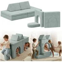 Bellabino Kindersofa Nile aus Schaumstoff Teilen, modulare Kindercouch aus Cord, Türkis, mit Torbögen, faltbare Kinderspielcouch, abnehmbar, waschbar, 160x52x75cm