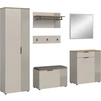 Home affaire Garderoben-Set EDIL, Breite 250 cm, 6-teilig, Front mit hochwertiger Längstfräsung, (Set, 6-St., Hochschrank, Sitzbank, Kissen, Paneel, Hakenleiste, Kommode & Spiegel), Garderobenkombination, Kombination, Set, Garderobe, Flurgarderobe