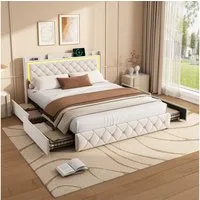 Furnishings Home Polsterbett Stauraumbett Doppelbett LED, Samtstoff (1-tlg), Mit 4 Schubladen, LED-Beleuchtung, USB-Anschluss, 140x200 cm