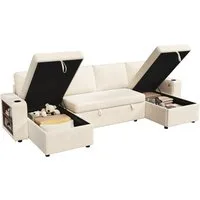 Merax Ecksofa U-förmiges Sofa mit USB-Anschluss, 270 x 125 x 86 cm 1 Teile, Ausziehbares Schlafsofa mit Stauraum, Becherhaltern & Ablage, Chenille