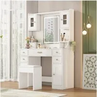 KLAM HOME Schminktisch Schminktisch mit verstellbaren LED-Beleuchtung und Steckdosen (Schminktisch mit Spiegel, 6 Schubladen und 4 Türen für Schlafzimmer), Weiß, maße 105×152×40 cm (B×H×T)