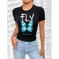 RMK T-Shirt Damen Shirt kurzarm Rundhalsausschnitt Butterfly 100% Baumwolle