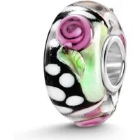 Materia Bead schwarz mit Rosen und weißen Punkte 1659, Kern aus 925 Sterling Silber