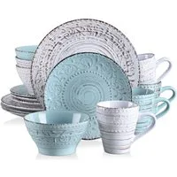 vancasso Geschirr-Set 16-tlg Tafelservice, für 4, Steingut, Beige & Blau, Reliefmuster (16-tlg), 4 Personen, Steingut