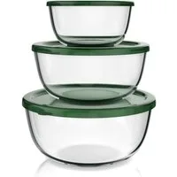 Arendo Salatschüssel 3er Set mit Deckel, Glasschüssel 1,1L / 2,7L / 4,4L, Glas Rührschüssel, Glas, (Set, 3-tlg), Glasschale, BPA-frei, Mikrowellen- und spülmaschinengeeignet