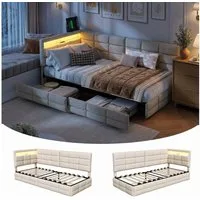 PXloue Polsterbett Daybett Tagesbett, Schlafsofa,2 Schubladen, Mit LED und USB-Ladeanschluss,90x200 cm