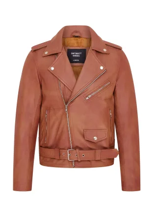 Hellbraune klassische Brando-Leder-Bikerjacke für Herren – Heinola