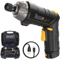 Teccpo Akku-Schrauber, 6,00 Nm, (Elektrischer Schraubendreher, 45-tlg., 2000mAh Li-Ion, 9+1 Drehmomentstufen), Selbstverriegelungsfutter, 2 LED-Lichter, Einstellbare 2 Positionen