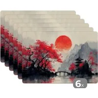 MuchoWow Platzset Rote Sonne - Fluss - Brücke - Bäume, (6-St), Platzsets, Tischset, Abwaschbar, Tischsets, Platzdeckchen