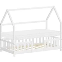 ML-DESIGN Spielbett Hausbett Kinderbett inkl. Lattenrost kreativ Bodenbett für Kinder, Abenteuerbett mit Matratze H-10 cm 80x160cm Holzbett Weiß Bettgestell