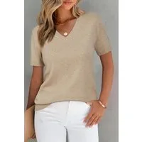 Arach&Cloz Kurzarmpullover Damen Pullover Wollmischung Kurzarm V Ausschnitt Basic-Pullover