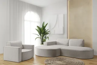 Sofa Set 2-teilig Sessel und Ecksofa PALMA XS Stoff Ascot Pearl Ottomane Links