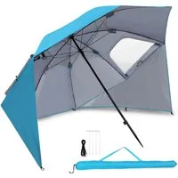 Clanmacy Sonnenschirm Strandschirm 210cm UV Schutz 50+ Neigbar Himmelblau mit Erdspieß, LxB: 210x200 cm, Stabiler knickbar/für Garten, Balkon, Terasse/Sonnenschutz UV50+