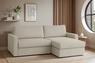 Ecksofa Sofa mit Schlaffunktion BENDIK Stoff Poso Altweiß Ottomane Rechts