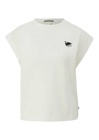 Q/S designed by - T-Shirt mit überschnittenen Schultern und Stickerei weiß - Gr. - S