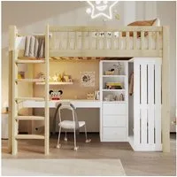 Ulife Hochbett Hochbett mit Schreibtisch, Schrank & Schubladen (Natur)