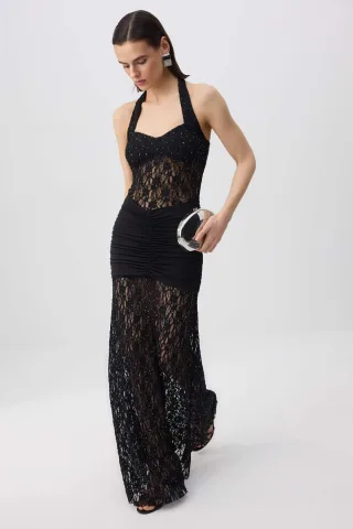 Damen-Maxikleid, ärmellos, schick/nachtskleid mit Fischmuster, Abend- und Ballkleid