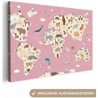 OneMillionCanvasses® Leinwandbild Weltkarte Kinder - Tiere - Erde - Jungen - Mädchen - Rosa, Fotodruck (1 St), Leinwand Bilder Klein, Wand Dekoration Aesthetic 30x20 cm