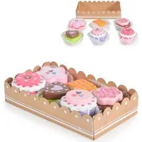 Moni Spiellebensmittel Torten 6-teilig, Holz, Cupcakes, verschiedene Formen, Förmchen, Aufbewahrungsbox