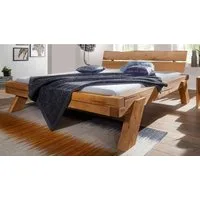 Massivart® Massivholzbett Balkenbett BENKA / Fichte geölt und gebeizt, Farbe in Natur-Eiche / Kopfteil mit echter Baumkante
