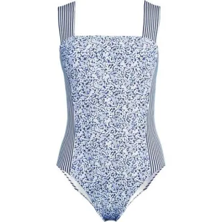 Badeanzug mit Karree-Ausschnitt, extra hohes Bein, Damen,  Blau, Elasthan/Nylon-Mischung, by Lands' End