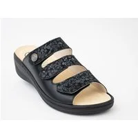 Franken-Schuhe Art. 3030-B4 Farbe: "black flower" Damen Pantolette (mit loser Einlage, Korfußbett mit Lederdecksohle & Weichtritt, Comoforweite "H) "Made in Germany"